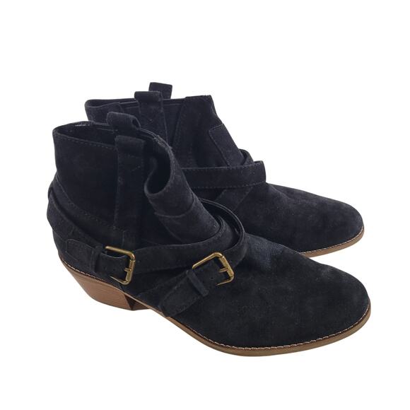 Cole Haan Suede Ankle Boots Womens 8 1/2 B Black Gold buckle Bootie BOHO Western - Picture 1 of 10